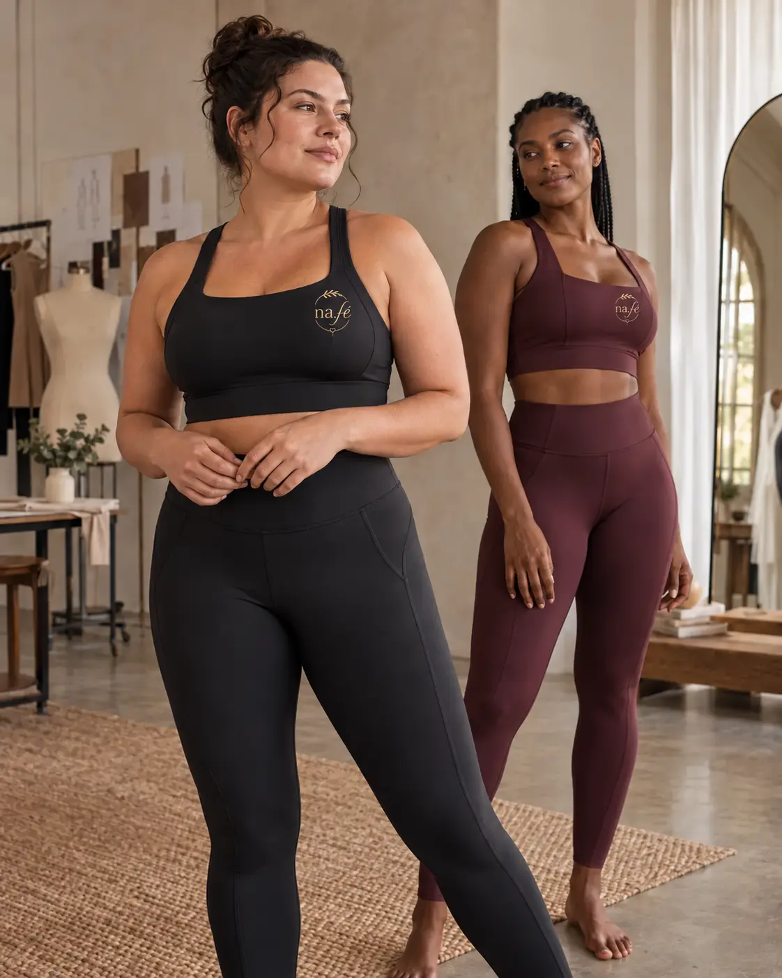 Duas mulheres com diferentes corpos usando conjuntos fitness em um atelier