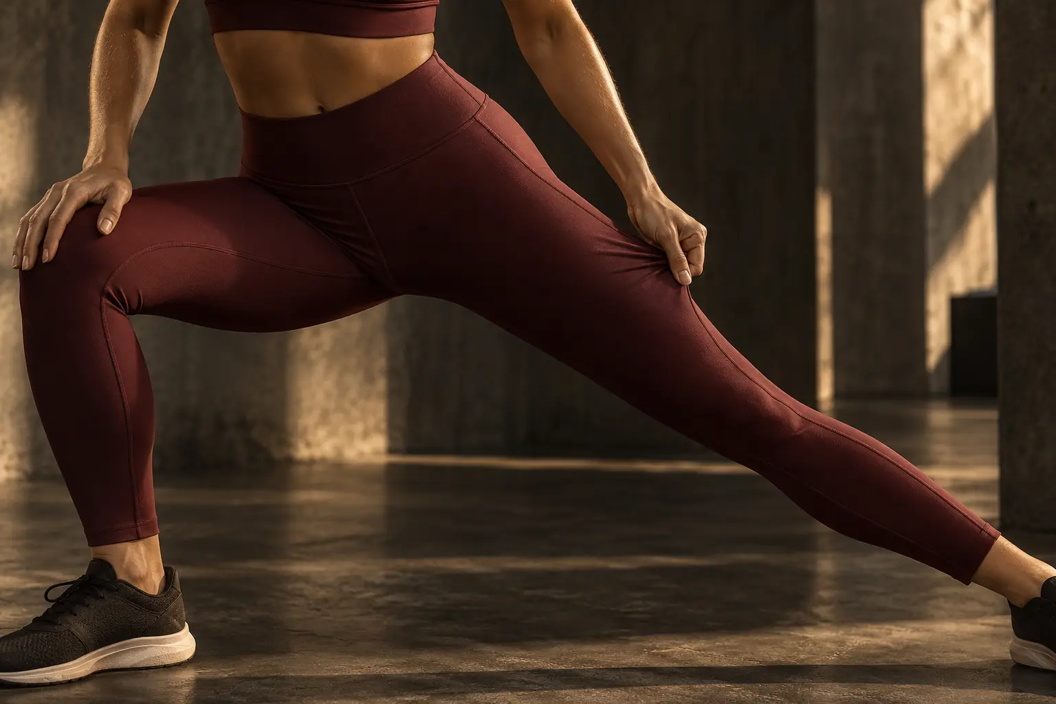 Detalhe de legging bordô acompanhando um movimento de alongamento