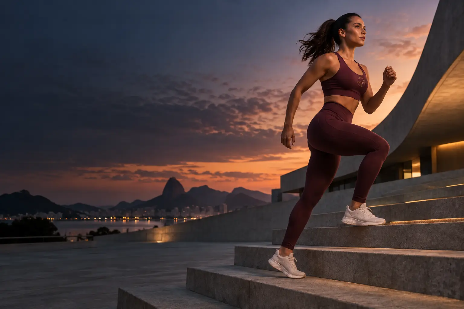 Atleta com conjunto bordô subindo degraus ao entardecer