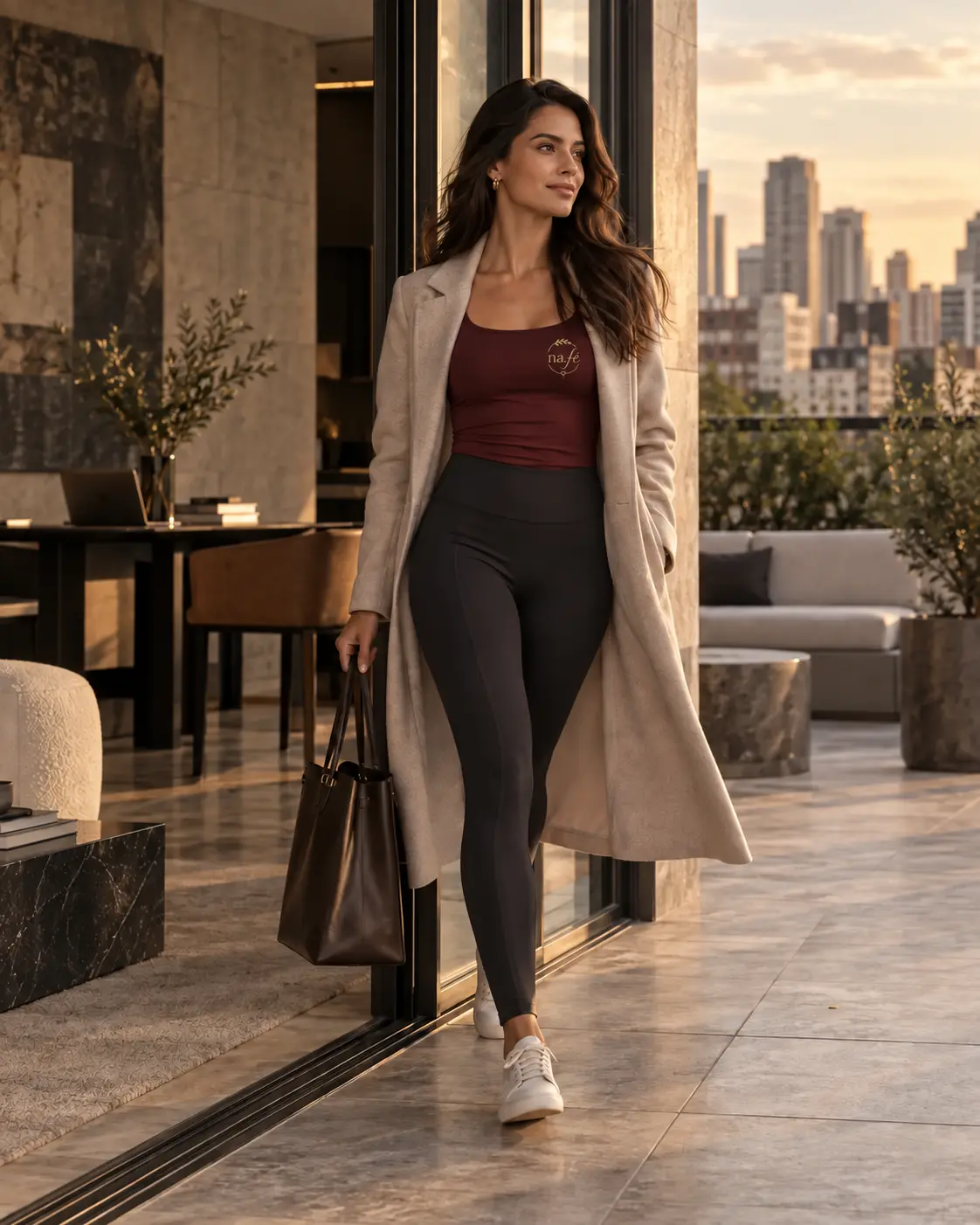 Mulher combinando roupa fitness com casaco em ambiente urbano